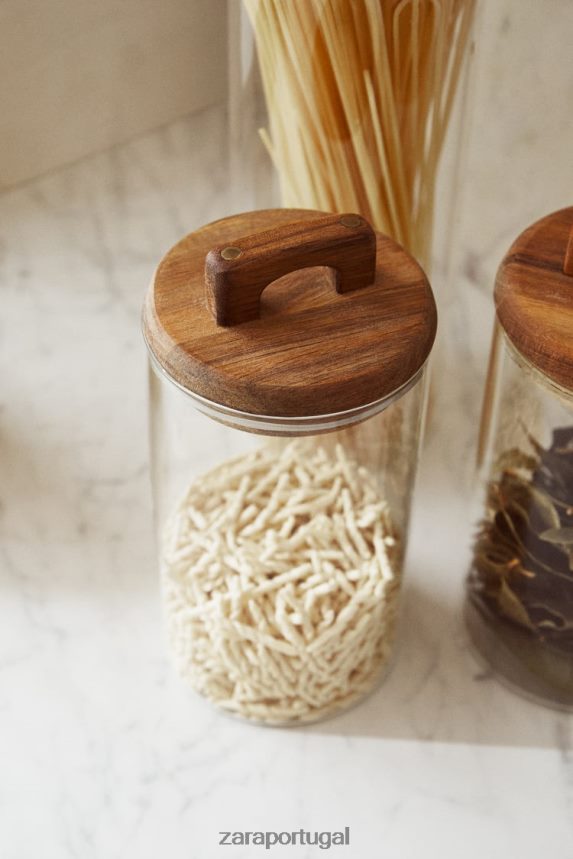 frasco de armazenamento de vidro borossilicato e madeira unissex Zara bege claro Z2080L1685 acessórios