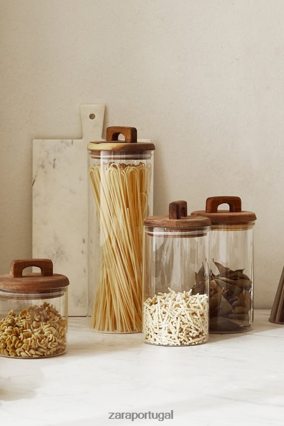 frasco de armazenamento de vidro borossilicato e madeira unissex Zara bege claro Z2080L1685 acessórios