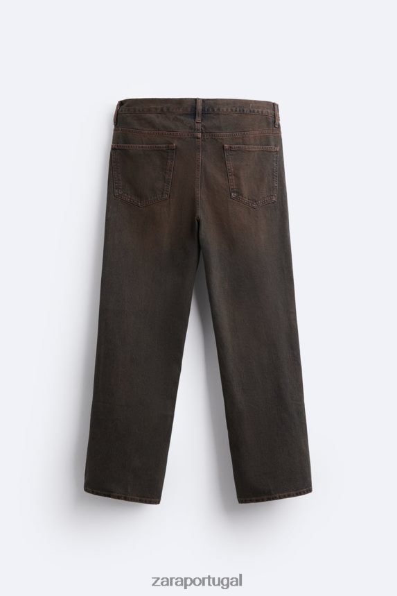 calça jeans reta e overdyed homens Zara marrom escuro Z2080L957 roupas