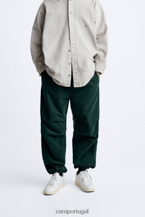 calças de pára-quedas de veludo cotelê homens Zara garrafa verde Z2080L950 roupas