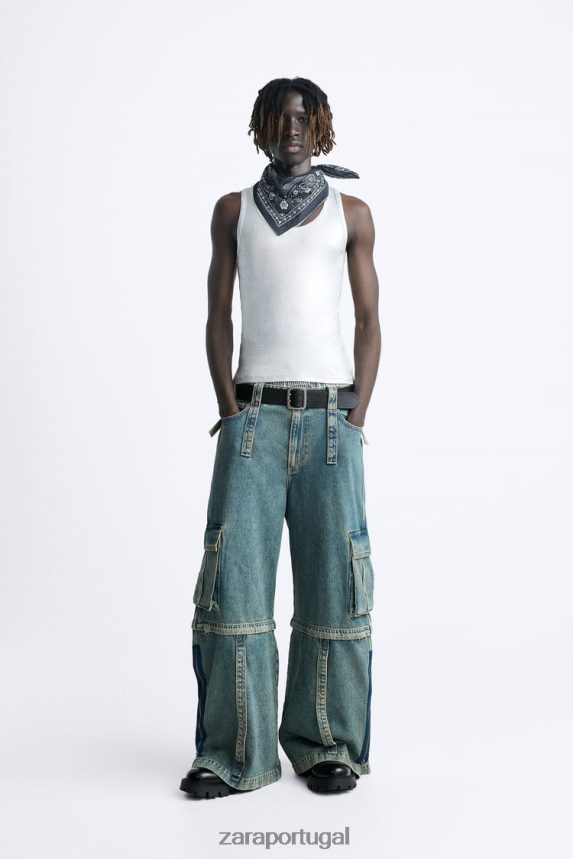 jeans cargo destacável homens Zara azul verde Z2080L1103 roupas