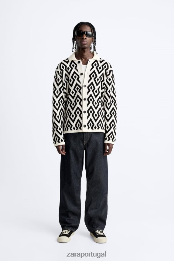 cardigan geométrico em malha jacquard homens Zara cru Z2080L1046 roupas