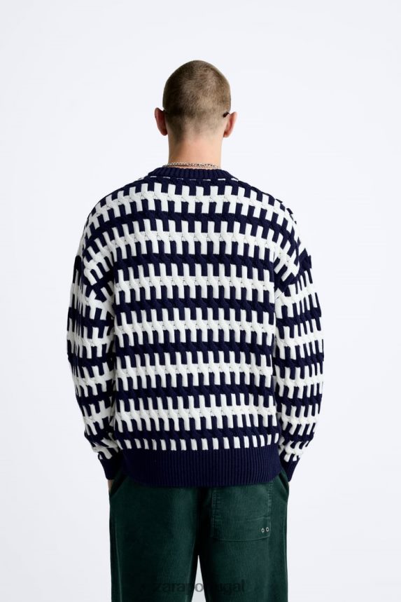 suéter jacquard texturizado homens Zara azul-marinho Z2080L1028 roupas