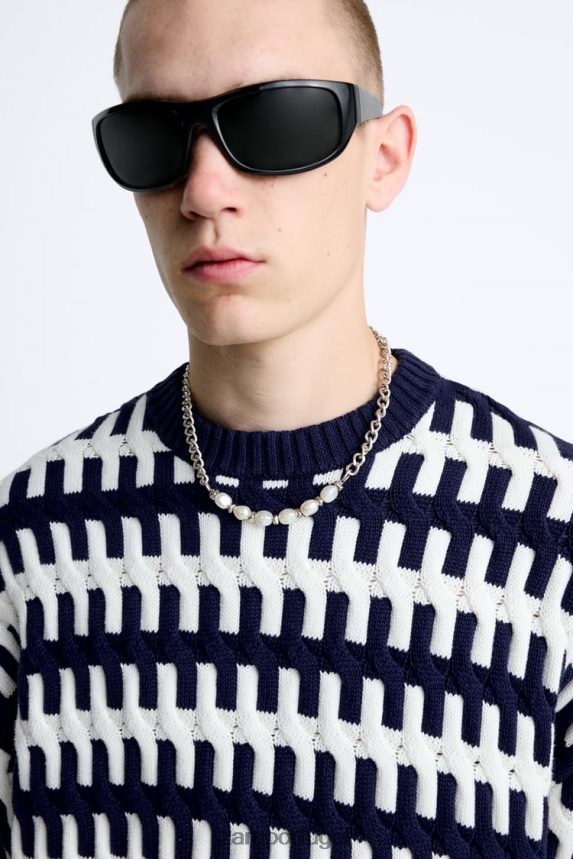 suéter jacquard texturizado homens Zara azul-marinho Z2080L1028 roupas