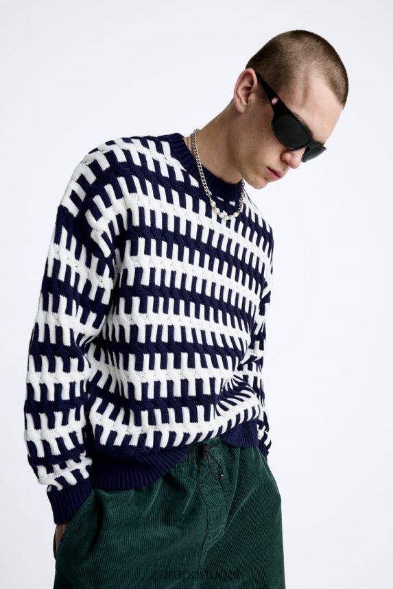 suéter jacquard texturizado homens Zara azul-marinho Z2080L1028 roupas