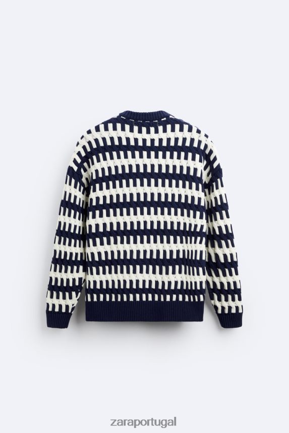 suéter jacquard texturizado homens Zara azul-marinho Z2080L1028 roupas