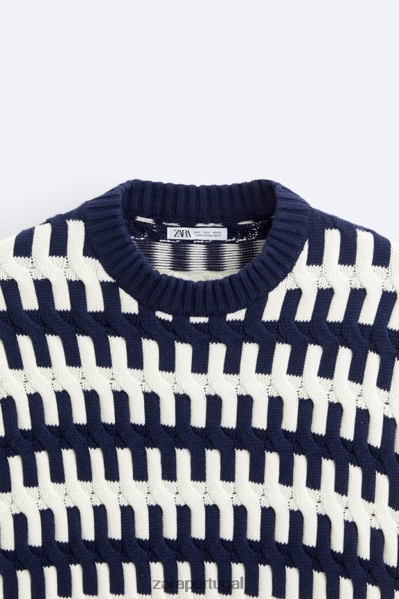 suéter jacquard texturizado homens Zara azul-marinho Z2080L1028 roupas