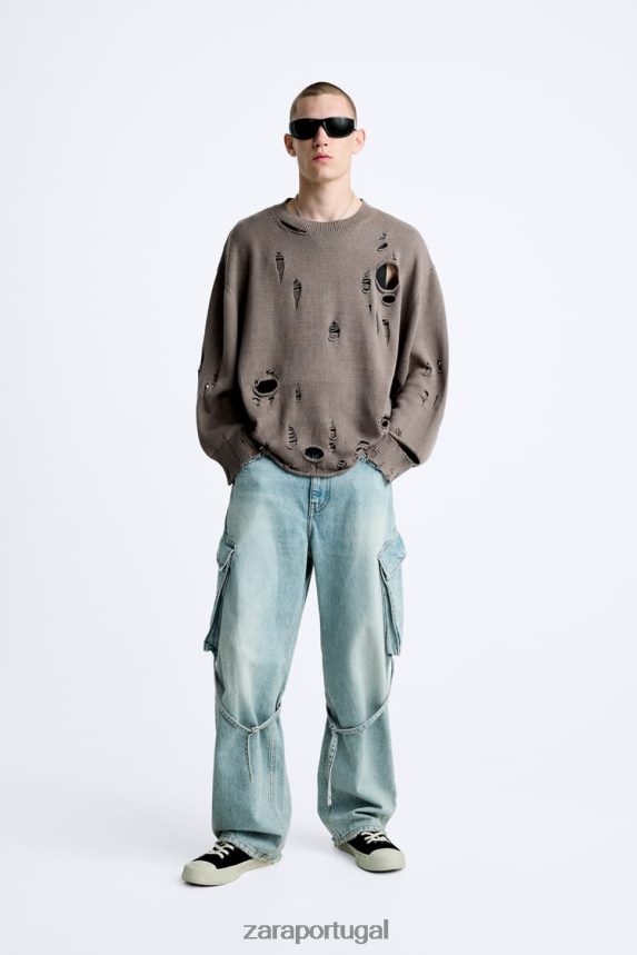 suéter rasgado texturizado homens Zara pedra Z2080L1029 roupas