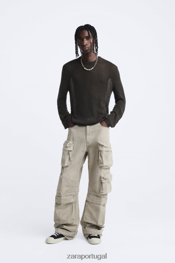 suéter texturizado aberto homens Zara cáqui escuro Z2080L1037 roupas