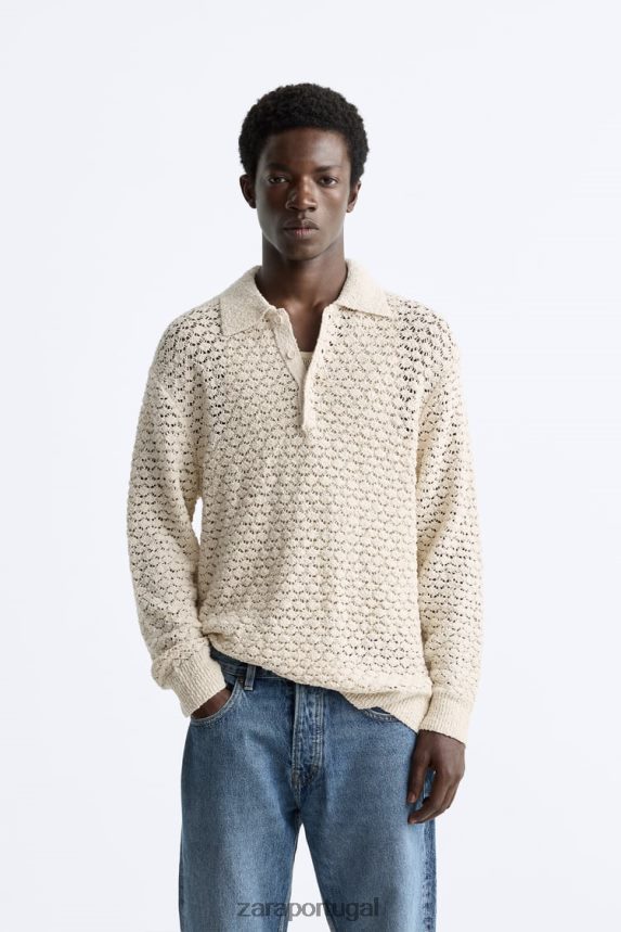 polo em malha de crochê texturizada homens Zara cru Z2080L1234 roupas