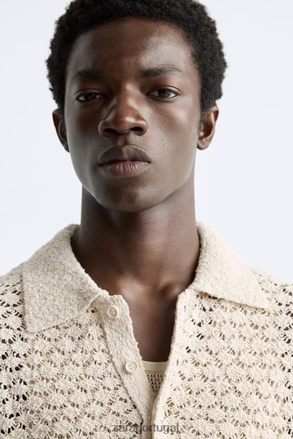 polo em malha de crochê texturizada homens Zara cru Z2080L1234 roupas