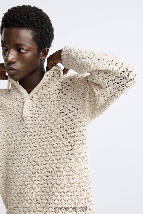 polo em malha de crochê texturizada homens Zara cru Z2080L1234 roupas