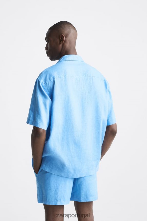 Camisa 100% linho homens Zara azulado Z2080L1019 roupas
