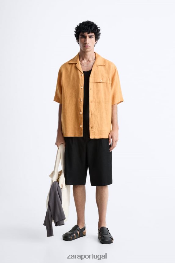 Camisa 100% linho homens Zara laranja Z2080L1022 roupas