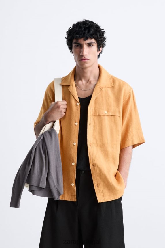 Camisa 100% linho homens Zara laranja Z2080L1022 roupas