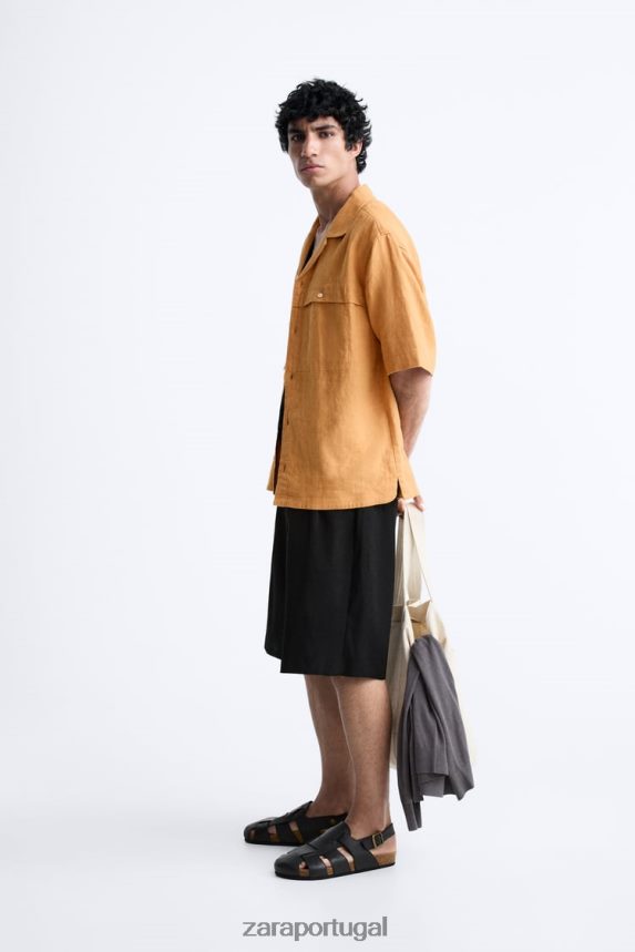 Camisa 100% linho homens Zara laranja Z2080L1022 roupas