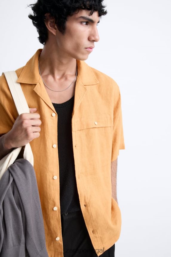 Camisa 100% linho homens Zara laranja Z2080L1022 roupas