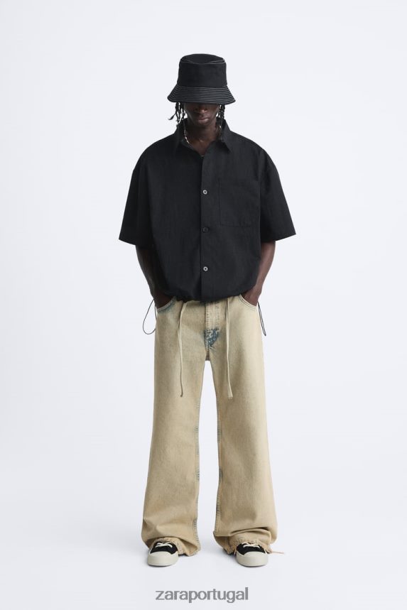 camisa com bainha ajustável homens Zara preto Z2080L988 roupas