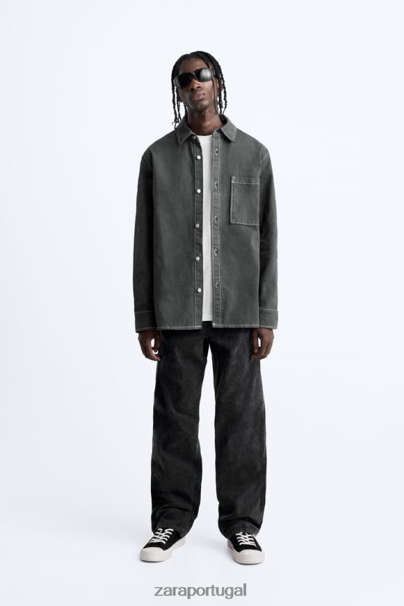 camisa com pesponto contrastante homens Zara cinza escuro Z2080L976 roupas