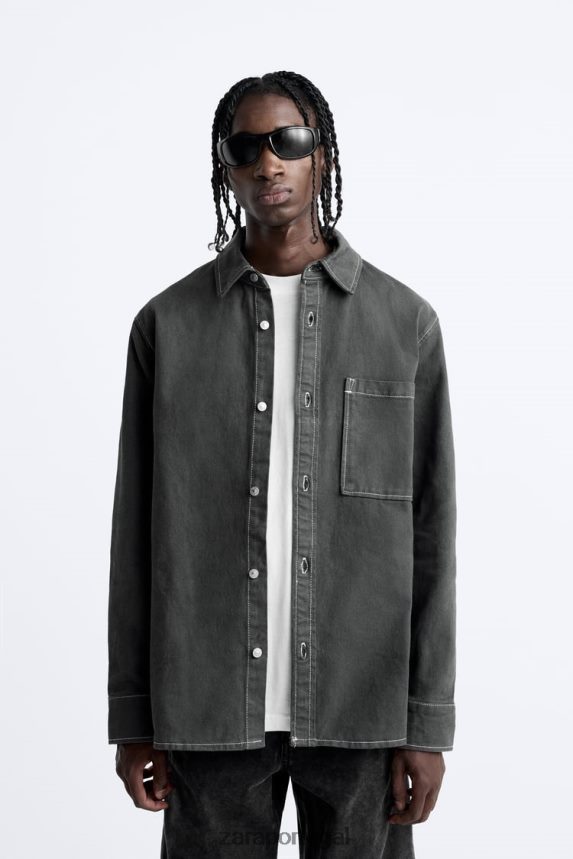 camisa com pesponto contrastante homens Zara cinza escuro Z2080L976 roupas