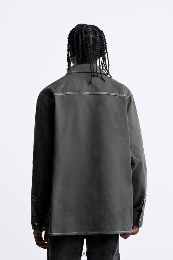 camisa com pesponto contrastante homens Zara cinza escuro Z2080L976 roupas