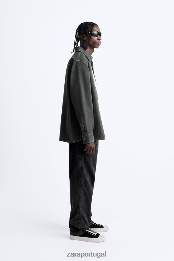 camisa com pesponto contrastante homens Zara cinza escuro Z2080L976 roupas