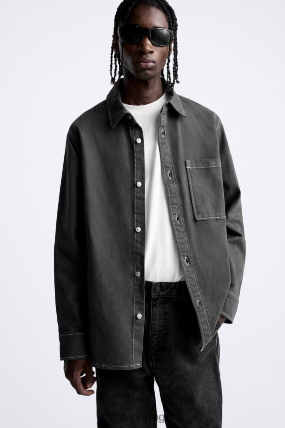 camisa com pesponto contrastante homens Zara cinza escuro Z2080L976 roupas