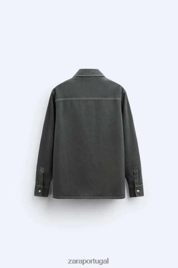 camisa com pesponto contrastante homens Zara cinza escuro Z2080L976 roupas