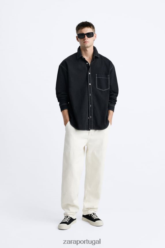 camisa com pesponto contrastante homens Zara preto Z2080L977 roupas