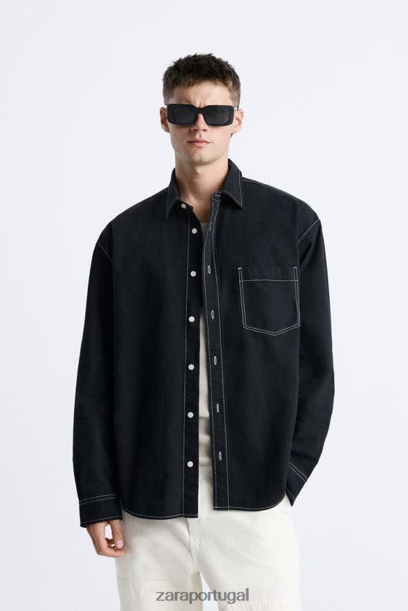 camisa com pesponto contrastante homens Zara preto Z2080L977 roupas
