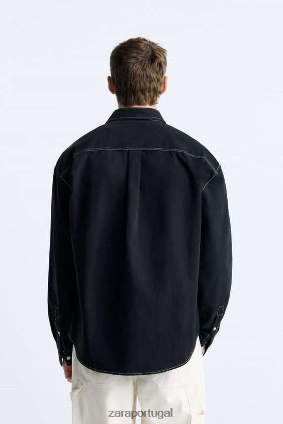 camisa com pesponto contrastante homens Zara preto Z2080L977 roupas