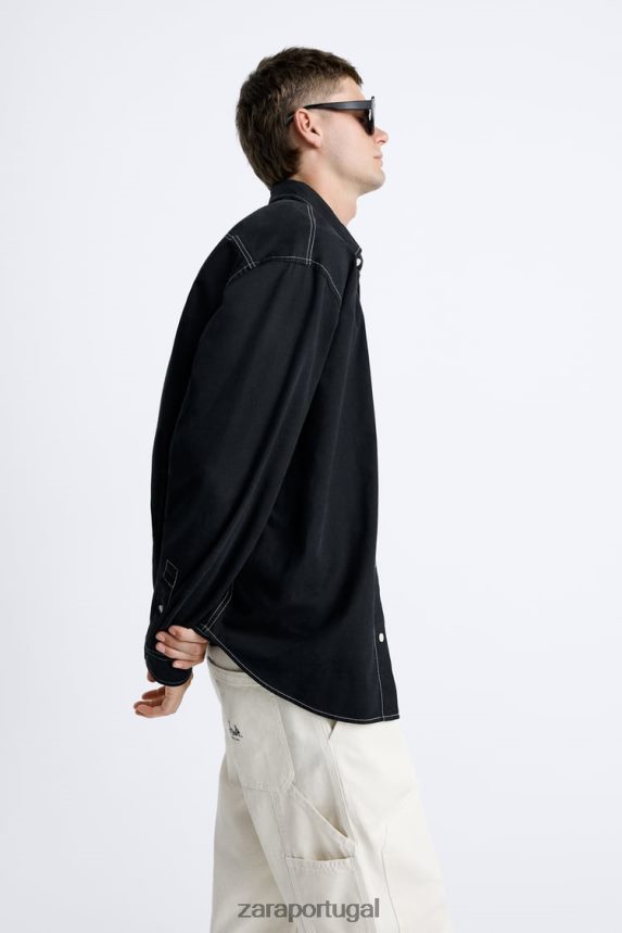 camisa com pesponto contrastante homens Zara preto Z2080L977 roupas