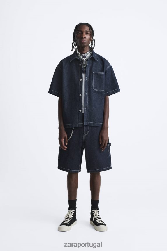 camisa jeans com pesponto homens Zara azul Z2080L978 roupas