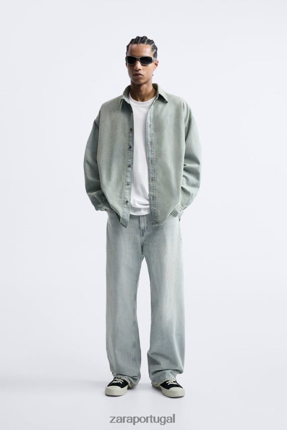 camisa jeans folgada homens Zara tinta azul Z2080L982 roupas