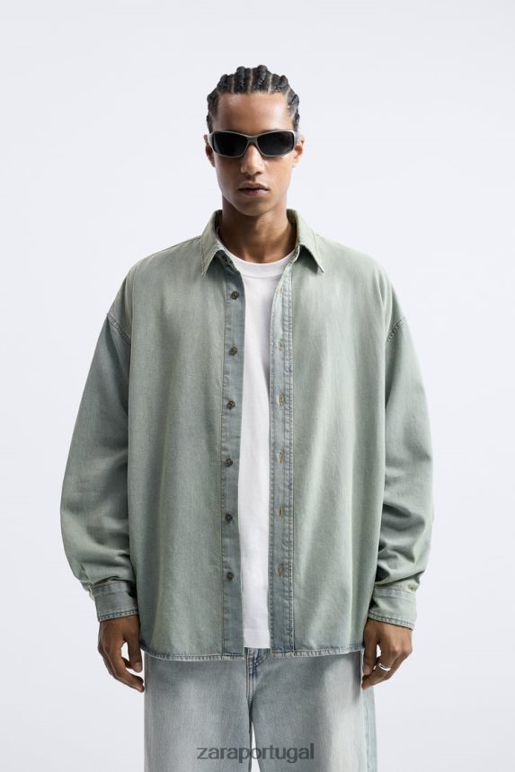 camisa jeans folgada homens Zara tinta azul Z2080L982 roupas