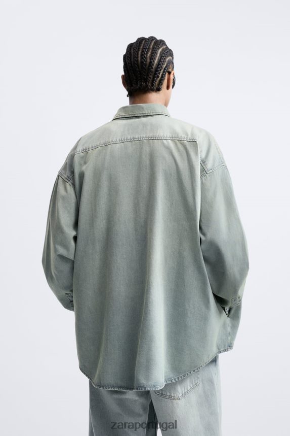 camisa jeans folgada homens Zara tinta azul Z2080L982 roupas