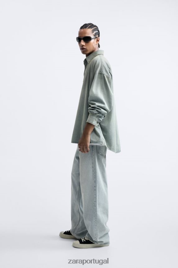 camisa jeans folgada homens Zara tinta azul Z2080L982 roupas