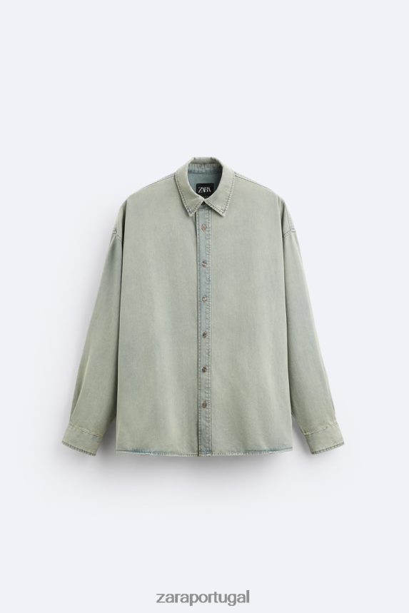 camisa jeans folgada homens Zara tinta azul Z2080L982 roupas