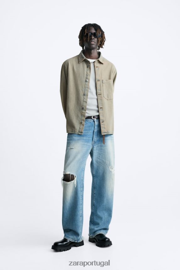 camisa jeans overdyed homens Zara areia Z2080L983 roupas