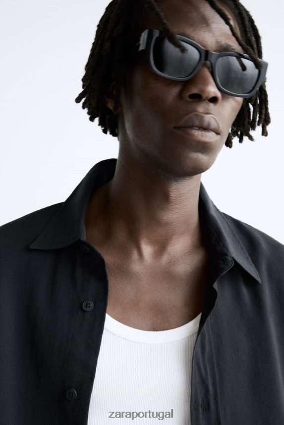 camisa mistura modal fluida homens Zara preto Z2080L972 roupas