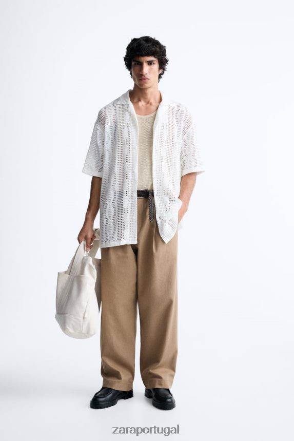 camisa texturizada de crochê homens Zara cru Z2080L1005 roupas