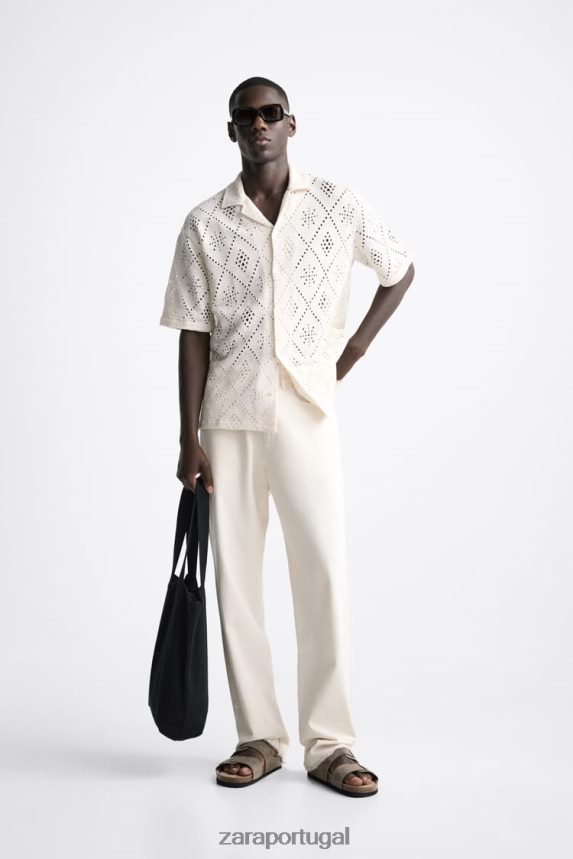 camisa texturizada de crochê homens Zara ostra branca Z2080L1012 roupas
