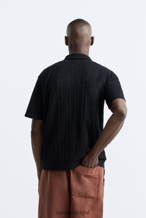 camisa texturizada pointelle homens Zara preto Z2080L995 roupas