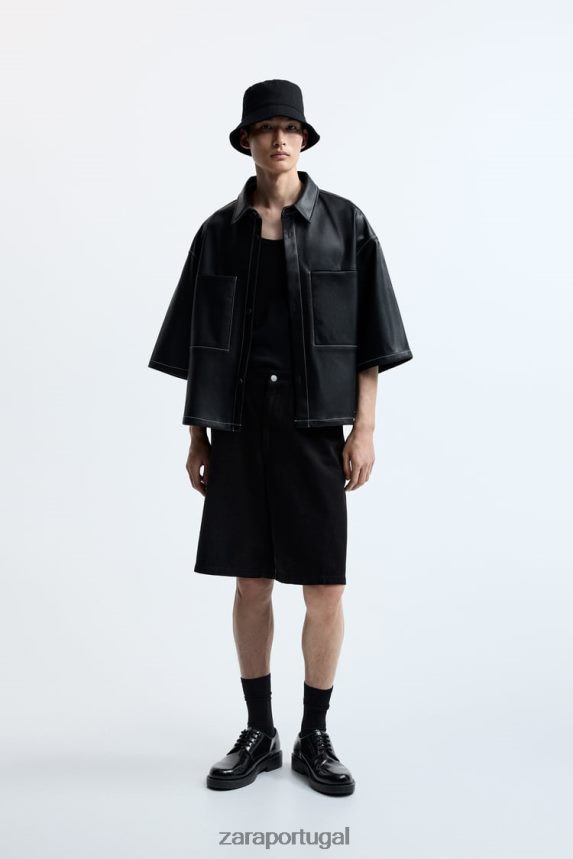 camiseta de couro sintético homens Zara preto Z2080L1181 roupas