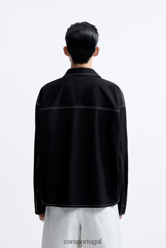 overshirt com pesponto contrastante homens Zara preto Z2080L1180 roupas
