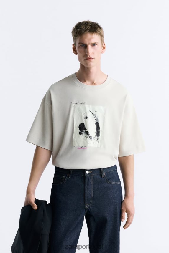 camiseta com patch misto homens Zara marrom acinzentado Z2080L1199 roupas