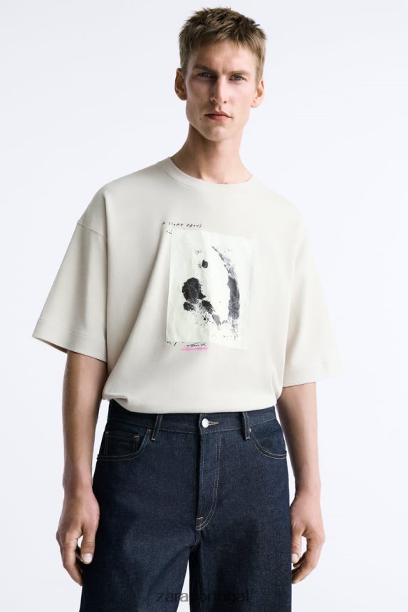 camiseta com patch misto homens Zara marrom acinzentado Z2080L1199 roupas
