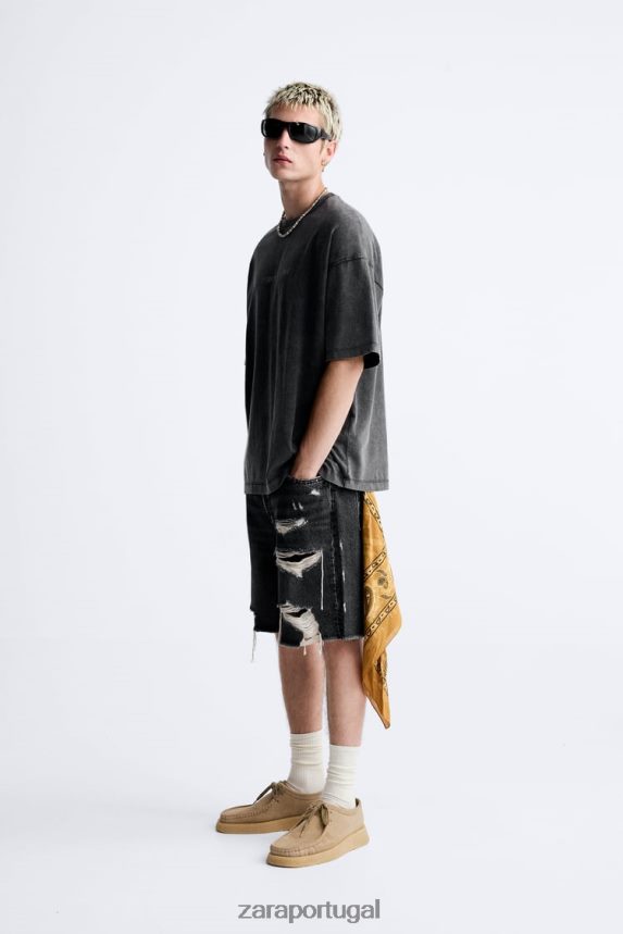 camiseta com texto de lavagem ácida homens Zara preto desbotado Z2080L1214 roupas