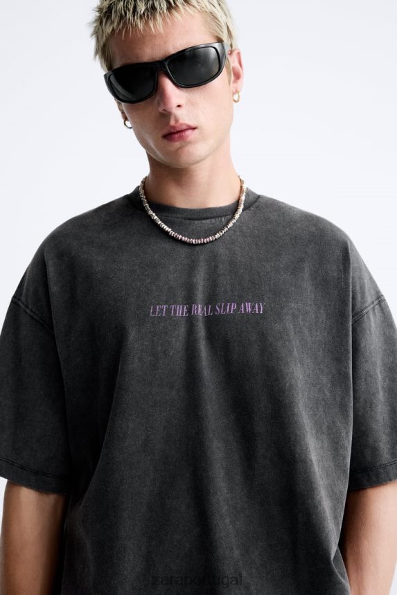 camiseta com texto de lavagem ácida homens Zara preto desbotado Z2080L1214 roupas