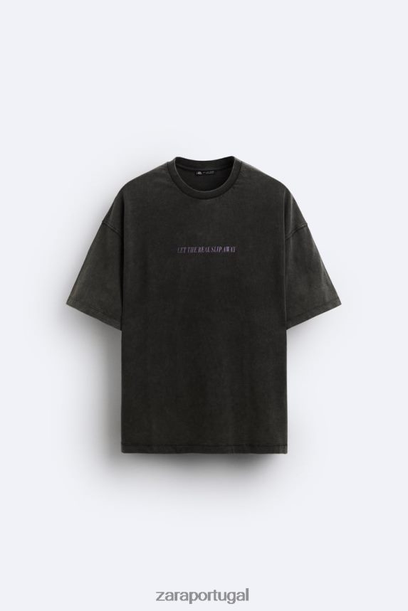camiseta com texto de lavagem ácida homens Zara preto desbotado Z2080L1214 roupas